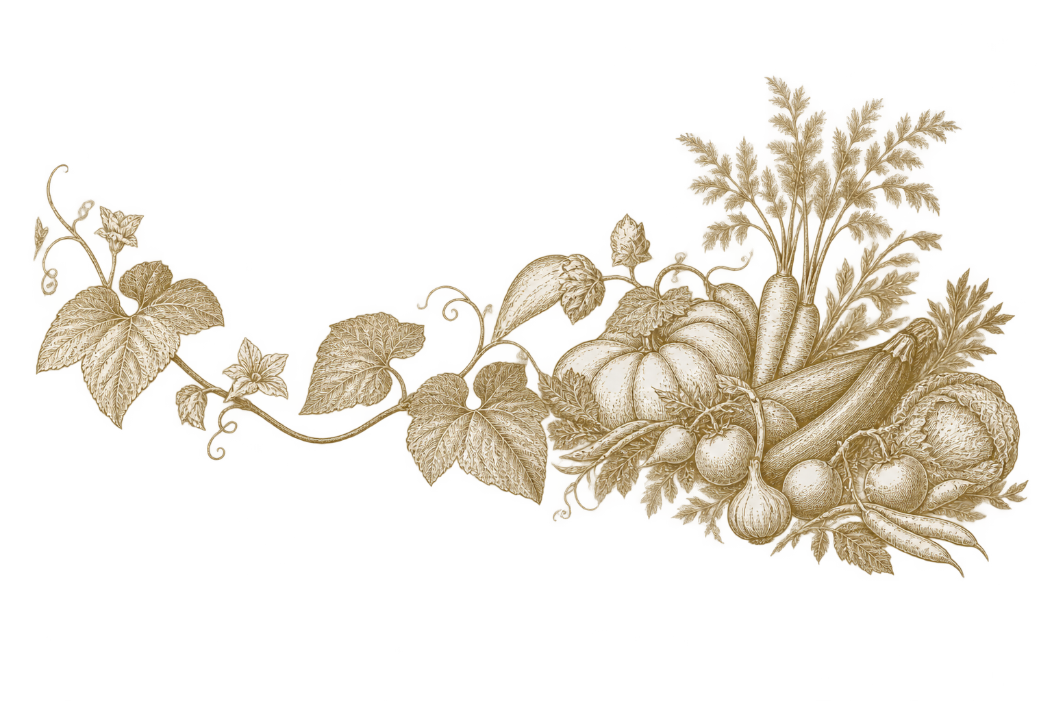 Jungfrau – Ernte und Verarbeitung Botanische Illustration mit Gemüse und Ranken als Symbol für Ernte, Sortieren und Verarbeiten