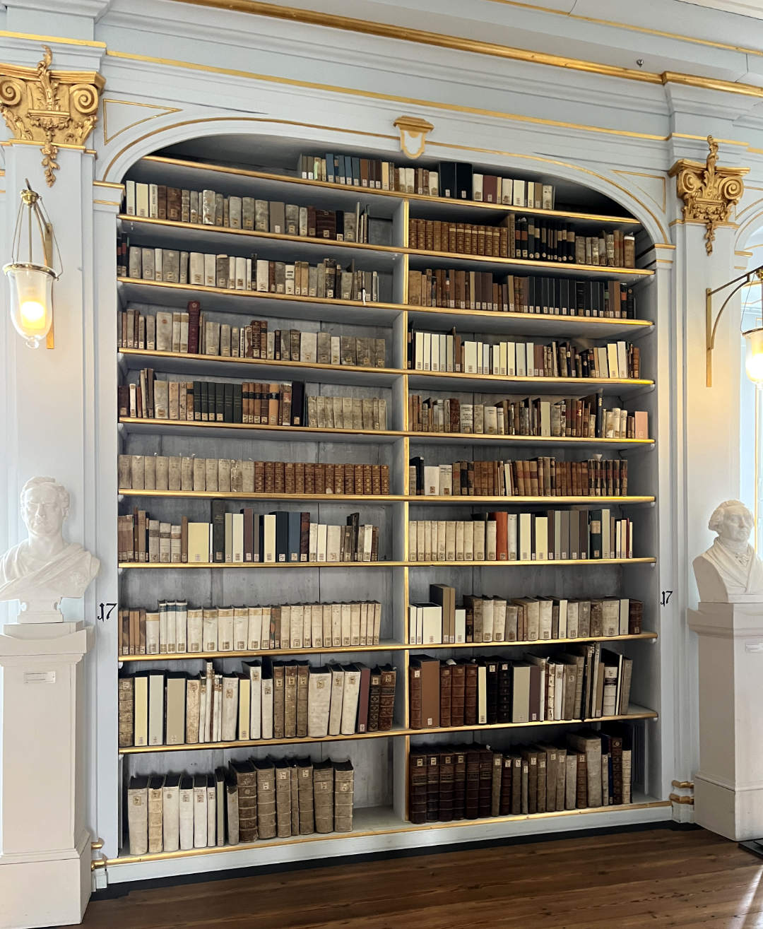 Historische Bücher sorgfältig geordnet in einem grossen Bibliotheksregal